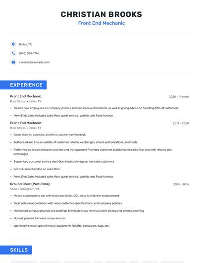Front End Mechanic Resume