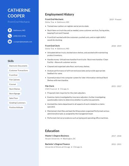 Front End Mechanic Resume