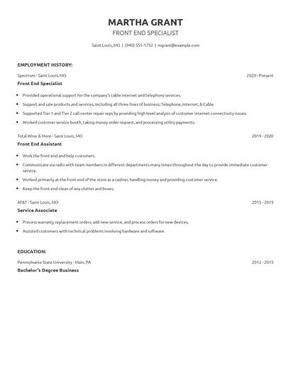 Front End Specialist Resume