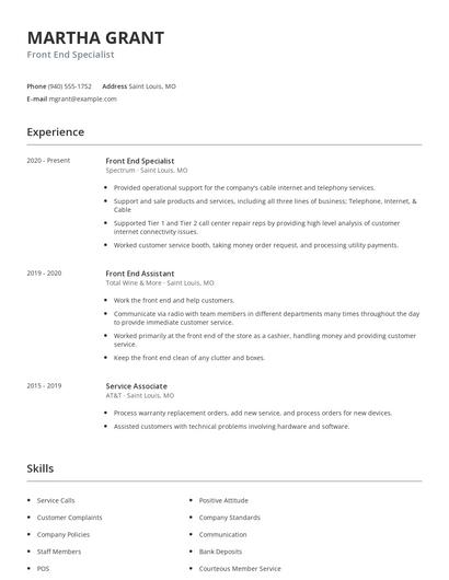 Front End Specialist Resume