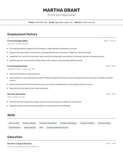Front End Specialist Resume