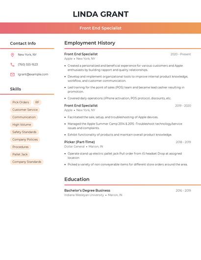 Front End Specialist Resume