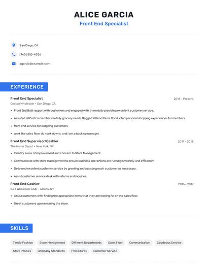 Front End Specialist Resume