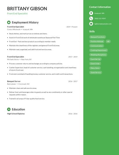 Front End Specialist Resume