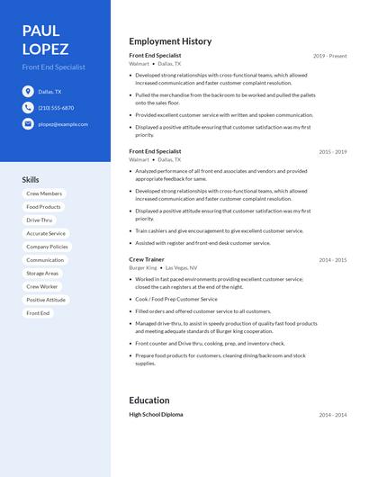 Front End Specialist Resume