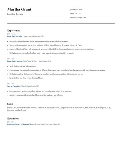 Front End Specialist Resume