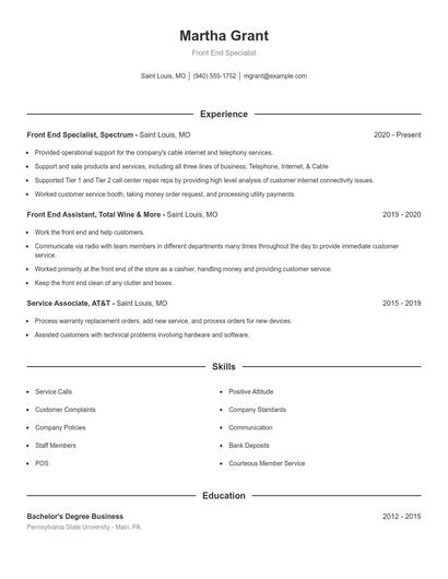 Front End Specialist Resume
