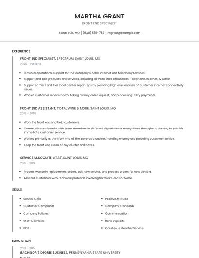 Front End Specialist Resume