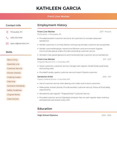 Front Line Worker Resume