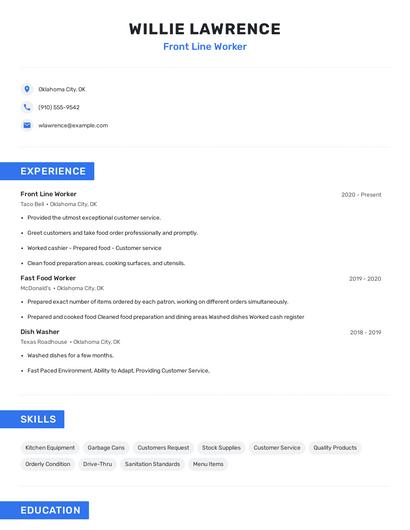 Front Line Worker Resume