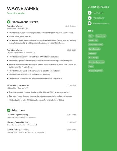 Front Line Worker Resume