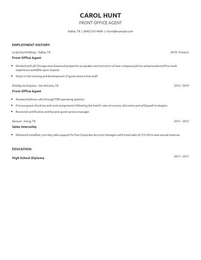 Front Office Agent Resume
