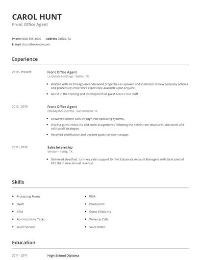 Front Office Agent Resume
