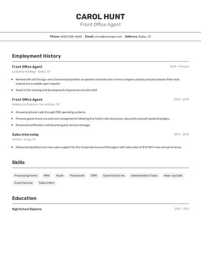 Front Office Agent Resume