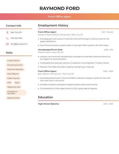 Front Office Agent Resume