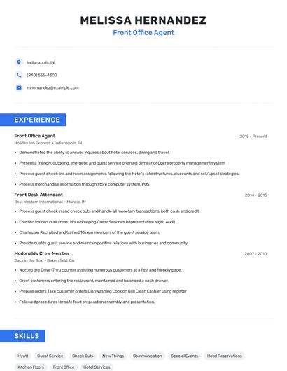 Front Office Agent Resume