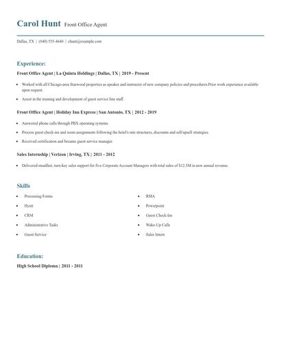 Front Office Agent Resume