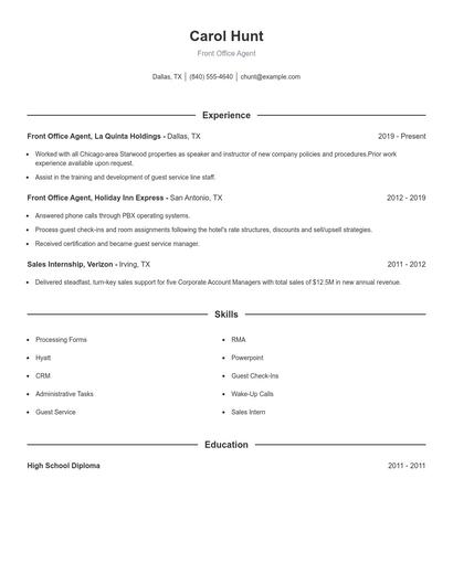 Front Office Agent Resume