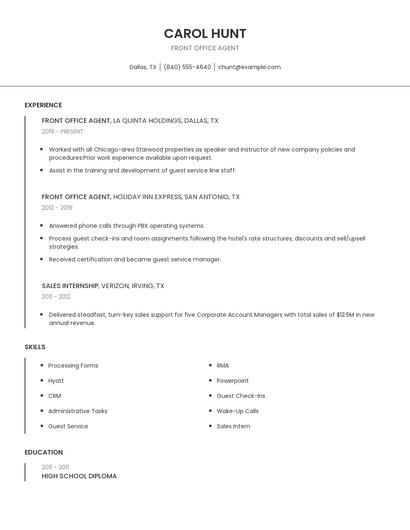 Front Office Agent Resume