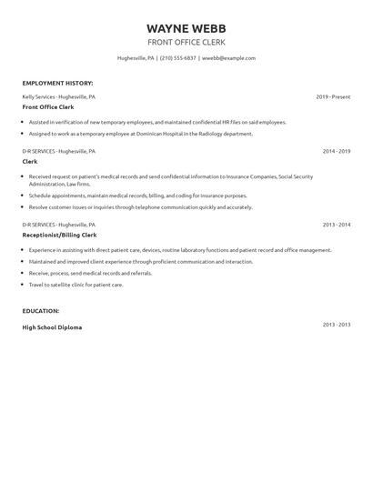Front Office Clerk Resume