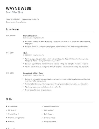 Front Office Clerk Resume