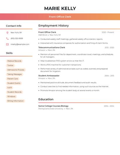 Front Office Clerk Resume