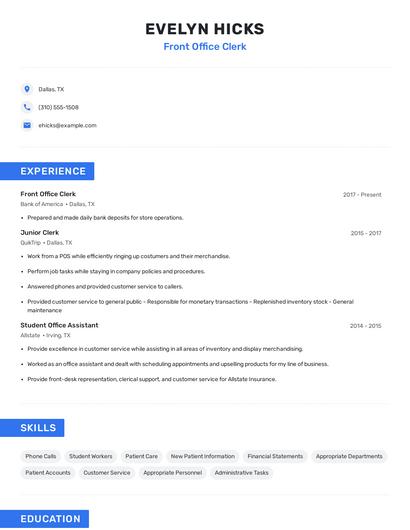 Front Office Clerk Resume