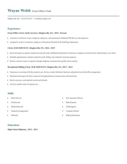 Front Office Clerk Resume