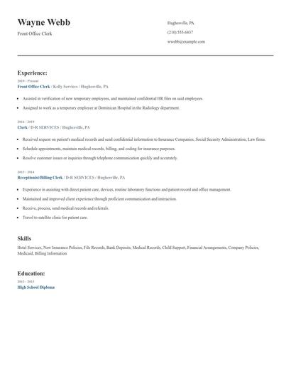 Front Office Clerk Resume