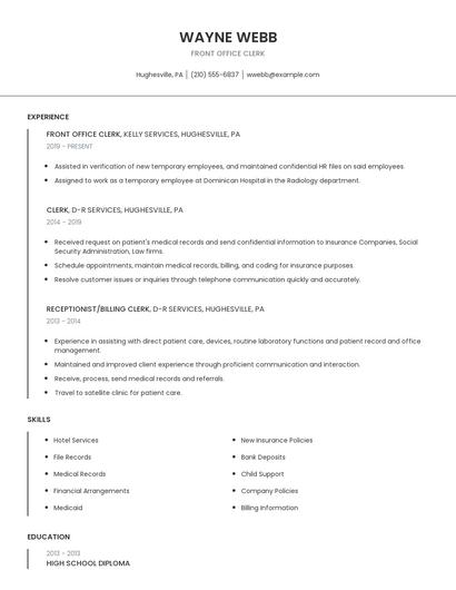 Front Office Clerk Resume