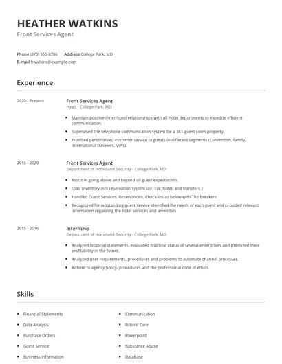 Front Services Agent Resume