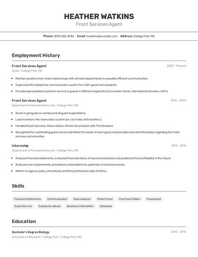 Front Services Agent Resume