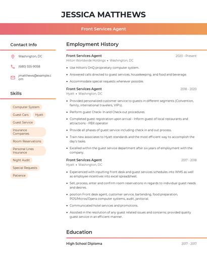 Front Services Agent Resume