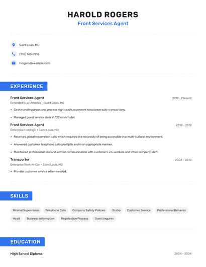 Front Services Agent Resume