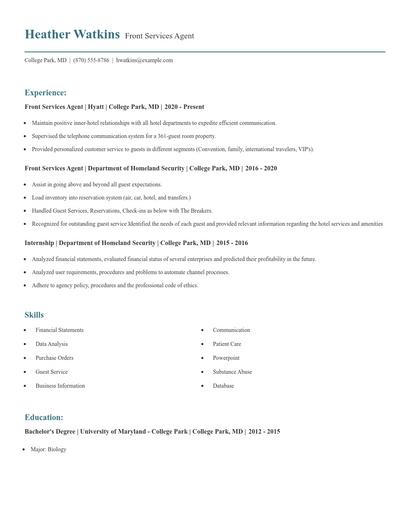 Front Services Agent Resume