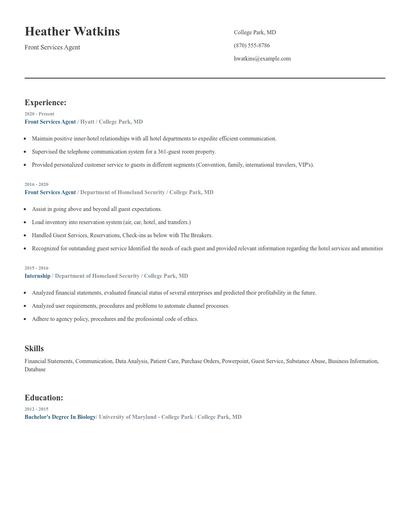 Front Services Agent Resume