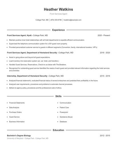 Front Services Agent Resume
