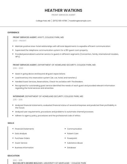 Front Services Agent Resume