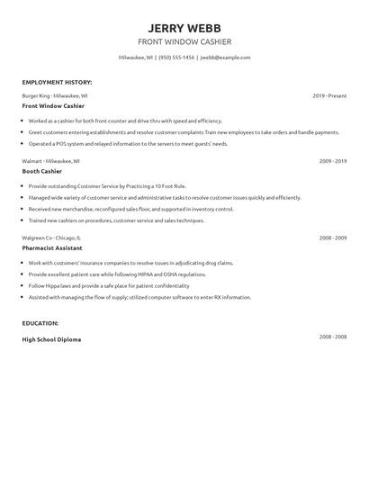 Front Window Cashier Resume