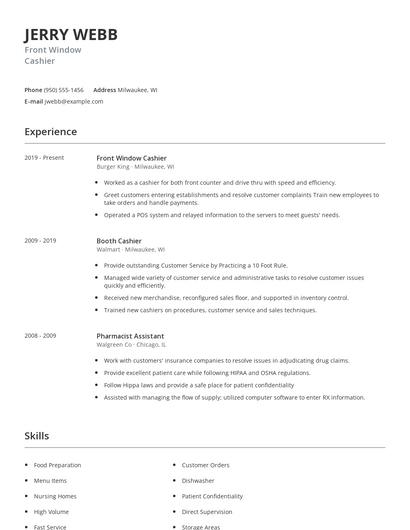 Front Window Cashier Resume