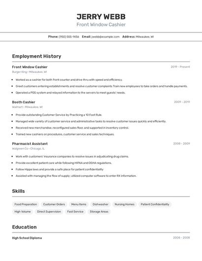 Front Window Cashier Resume