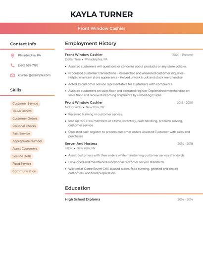 Front Window Cashier Resume