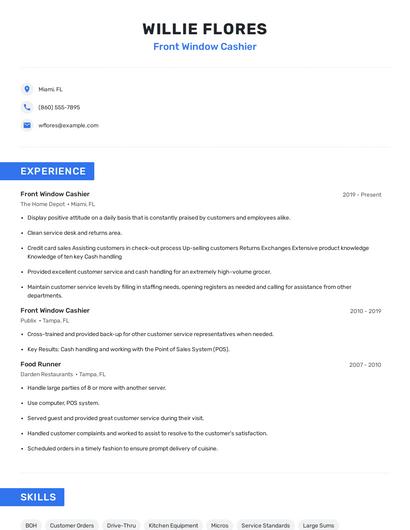 Front Window Cashier Resume
