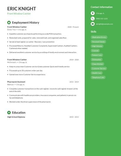 Front Window Cashier Resume