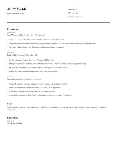 Front Window Cashier Resume