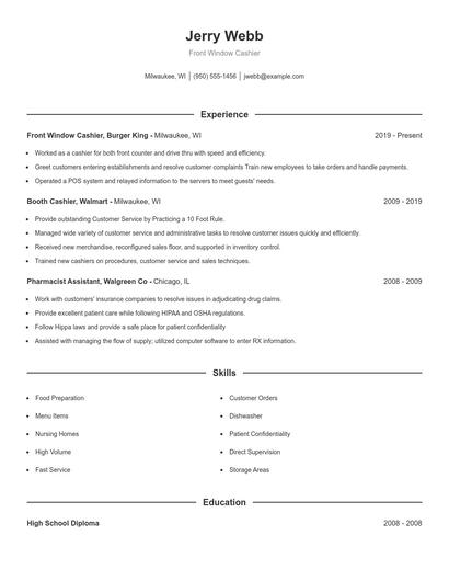 Front Window Cashier Resume