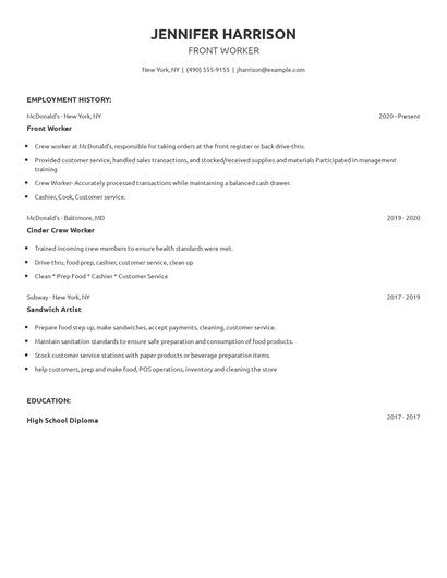 Front Worker Resume