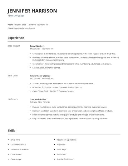 Front Worker Resume
