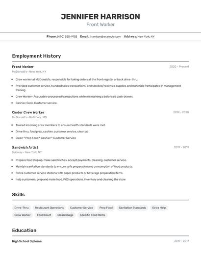 Front Worker Resume
