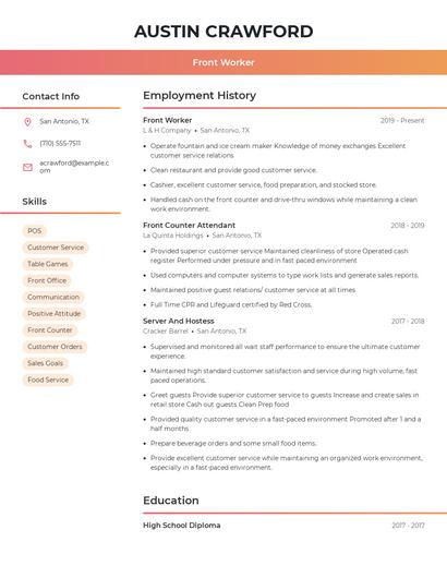 Front Worker Resume